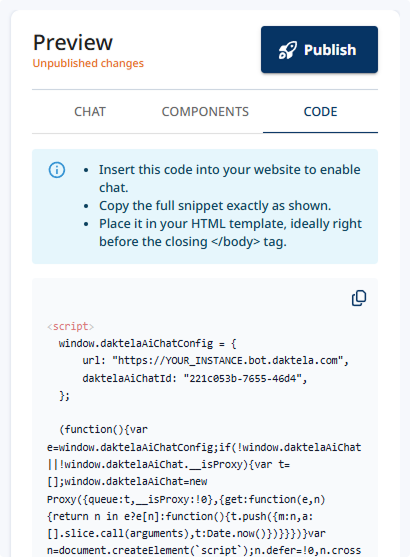 Publish panel with the CODE tab and embed snippet