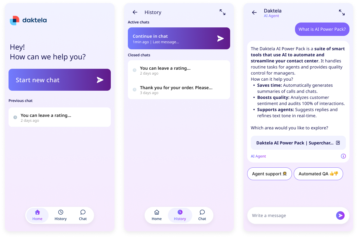 The three widget modes: Home, History, and Chat