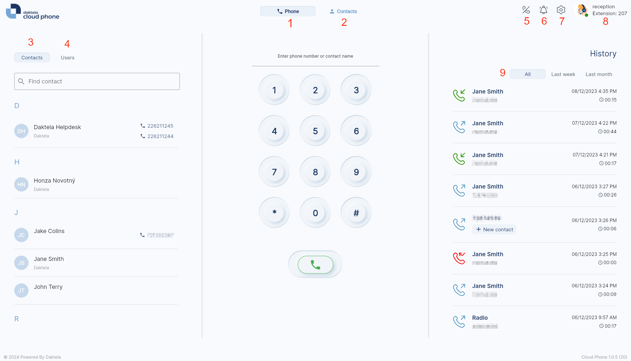 Cloud Phone main interface with dialpad, contacts, and call history