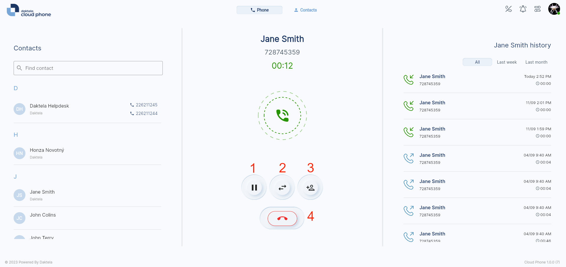 Active call window with hold, transfer, and end controls