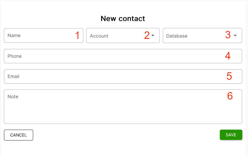 New contact form with name, account, phone, email, and note fields