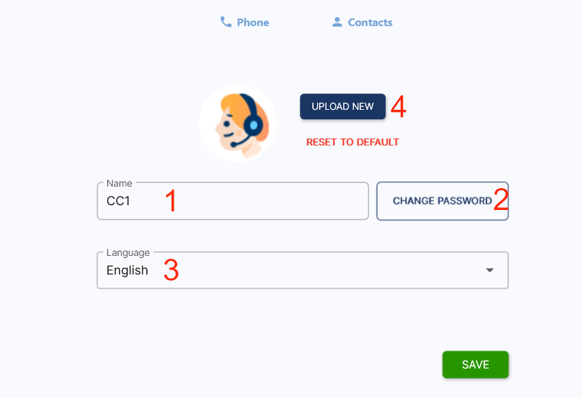 Profile editing form with name, password, language, and avatar fields