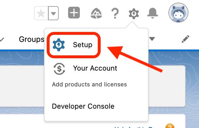 Salesforce Settings menu with Setup highlighted