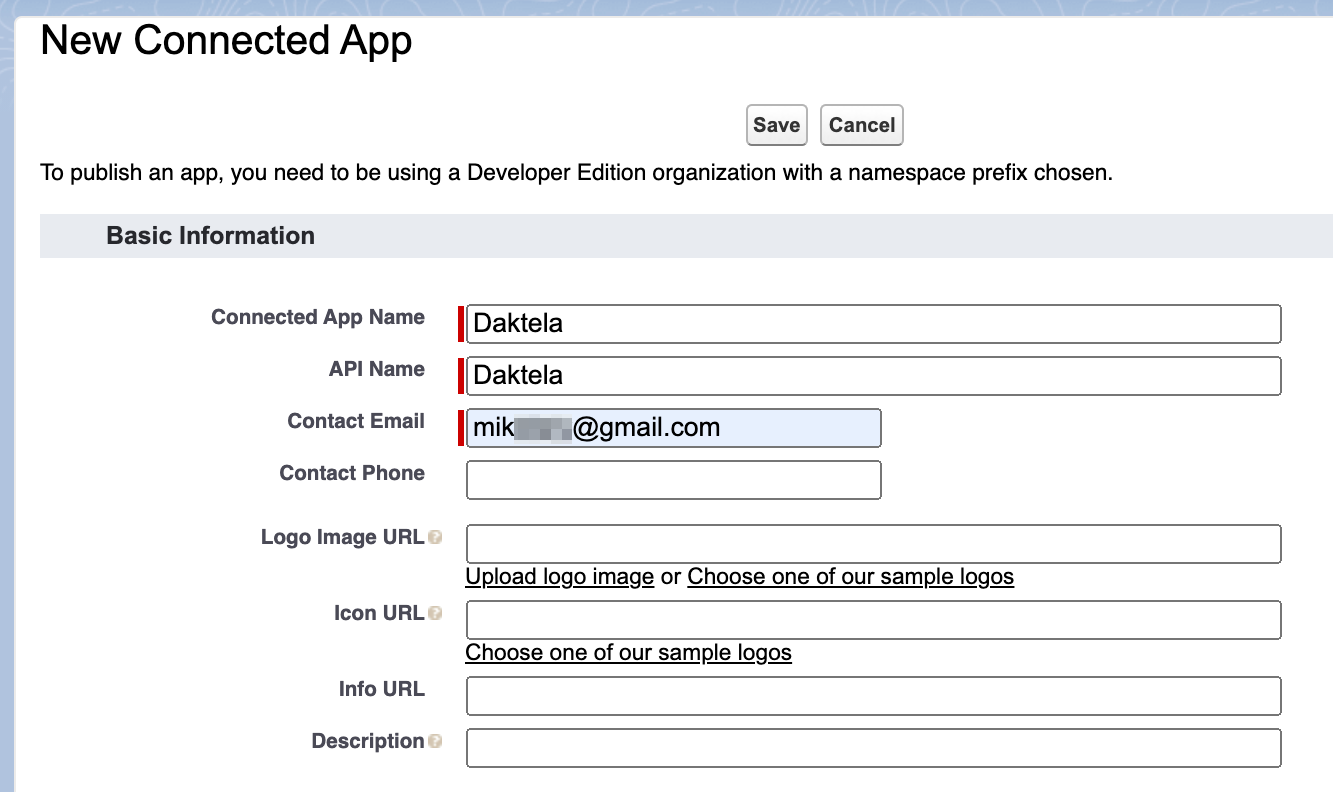 New Connected App basic information form