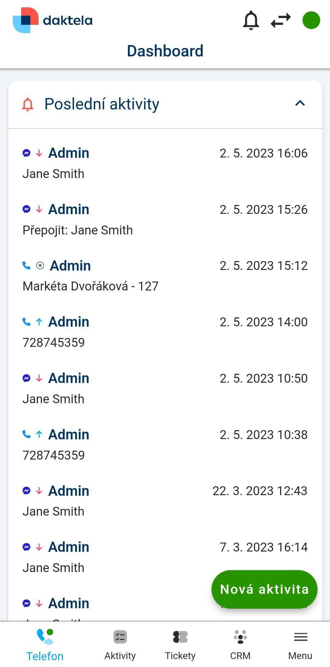 Dashboard recent activities list
