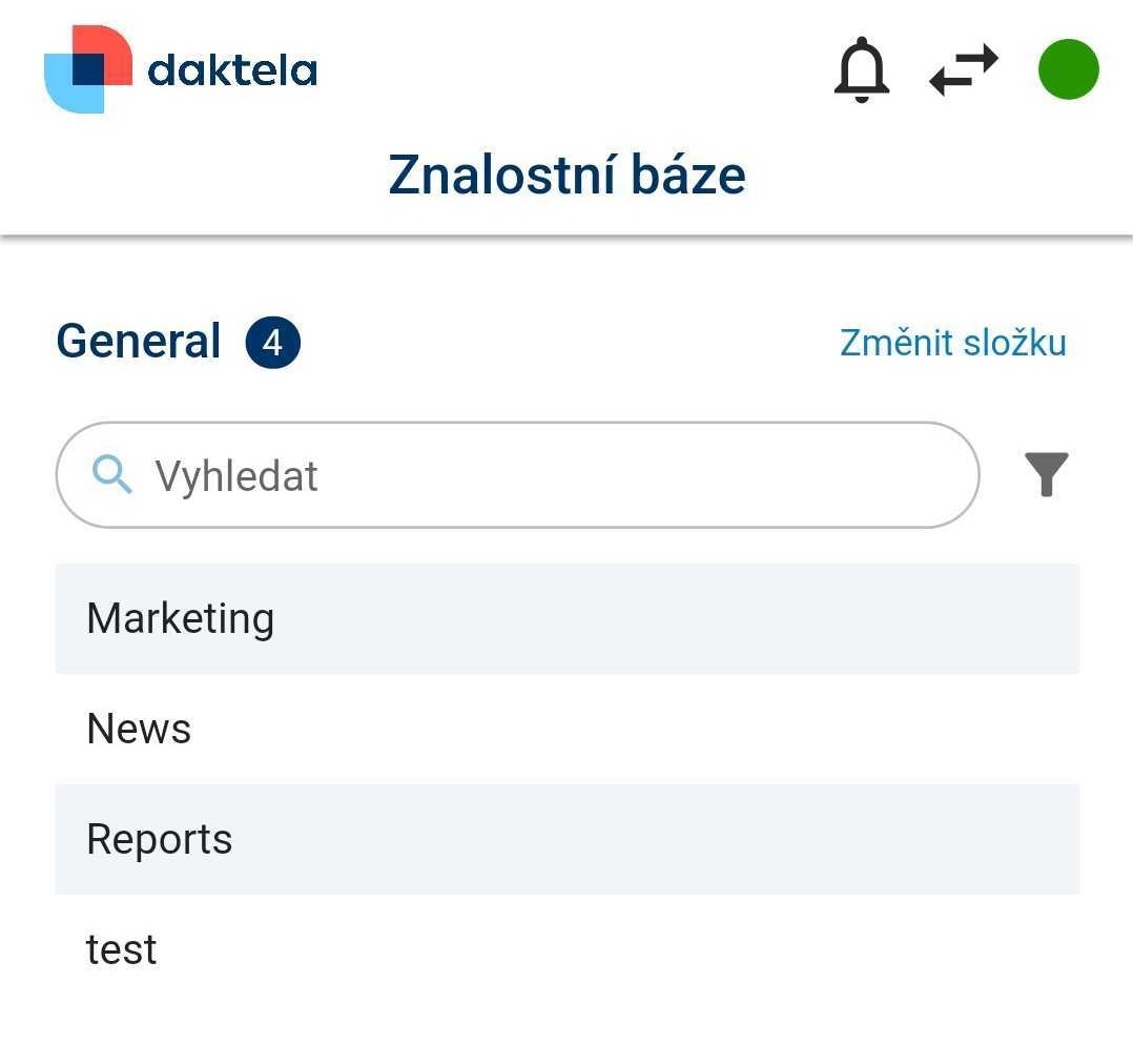 Knowledge base article list with folder selection