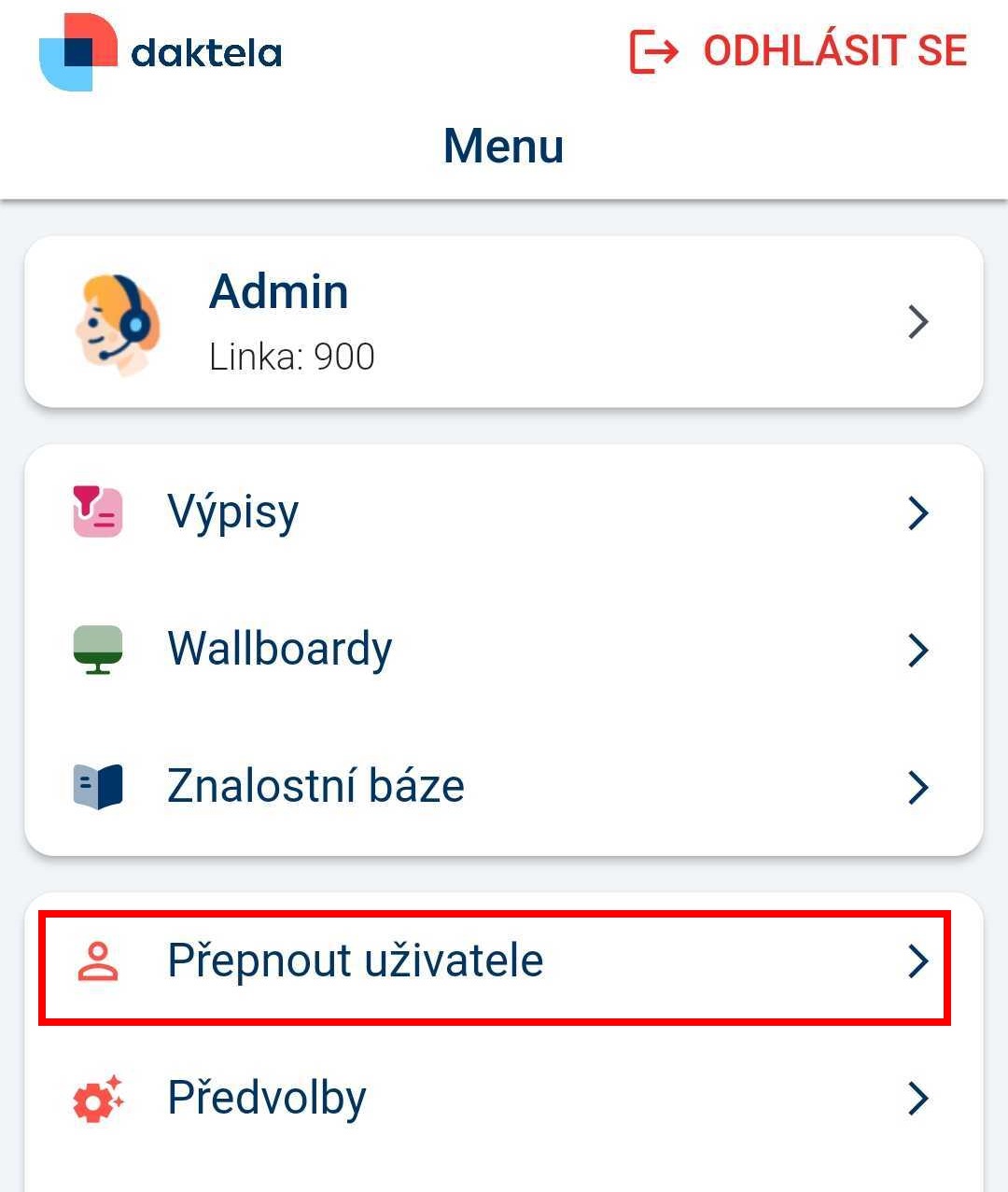 Menu with Switch User option highlighted
