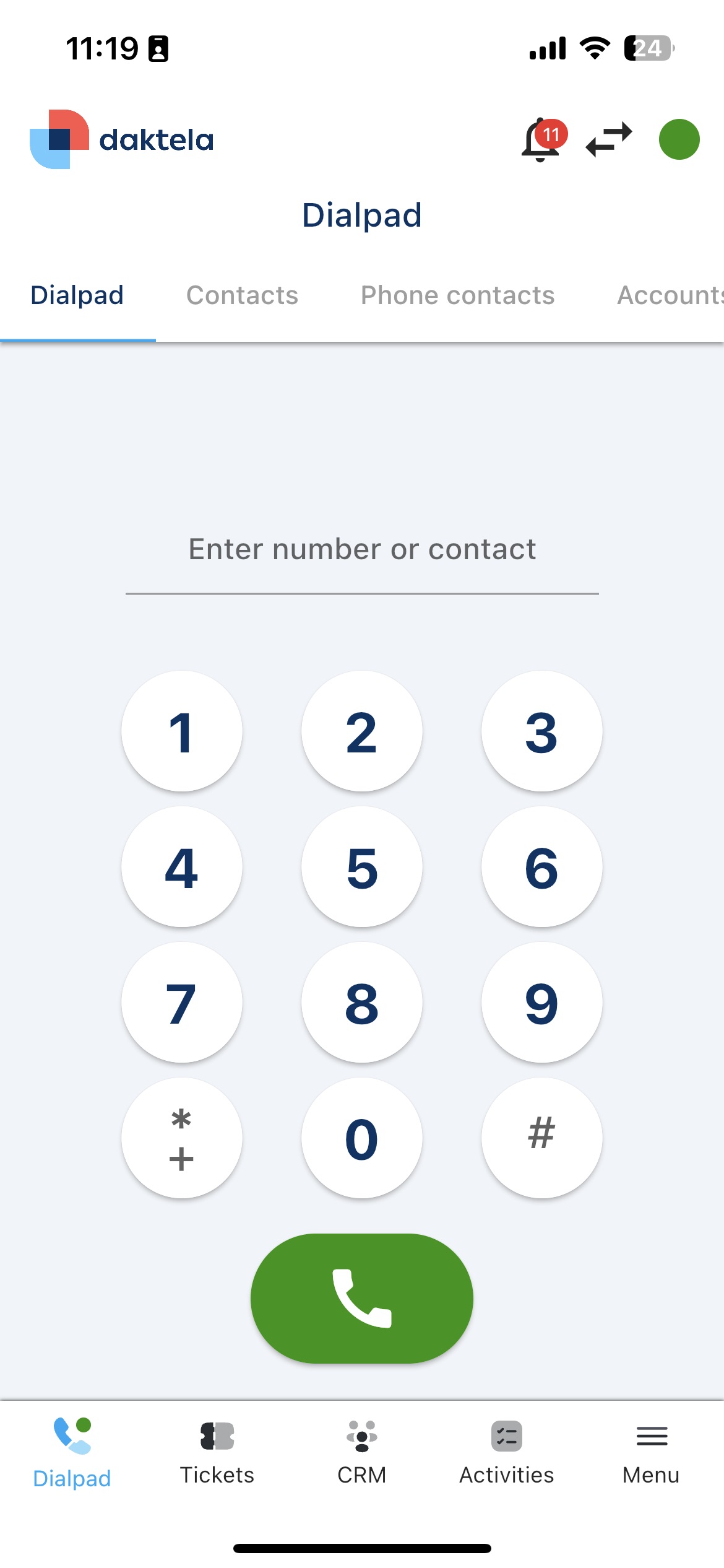 Mobile app dialpad with green online indicator