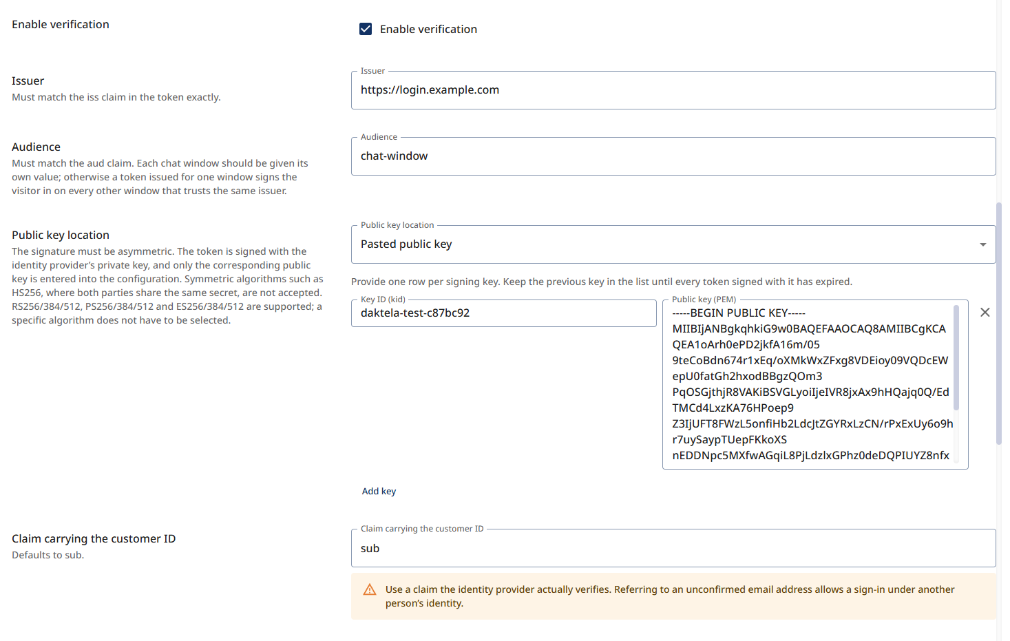 Der Tab Authentication mit ausgefülltem Aussteller, Empfänger, Signaturschlüssel und Identitäts-Claim