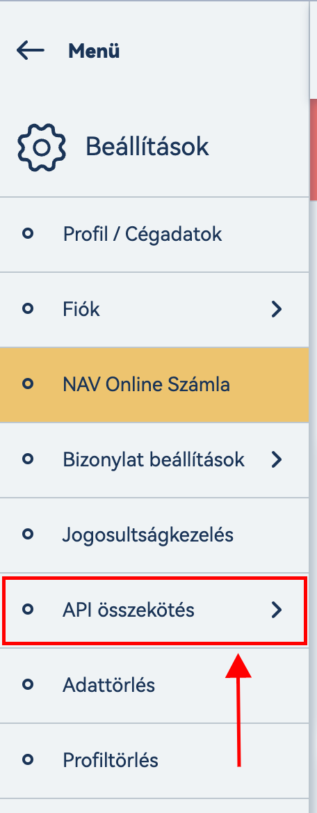 Screenshot des Menüs API összekötés in Billingo