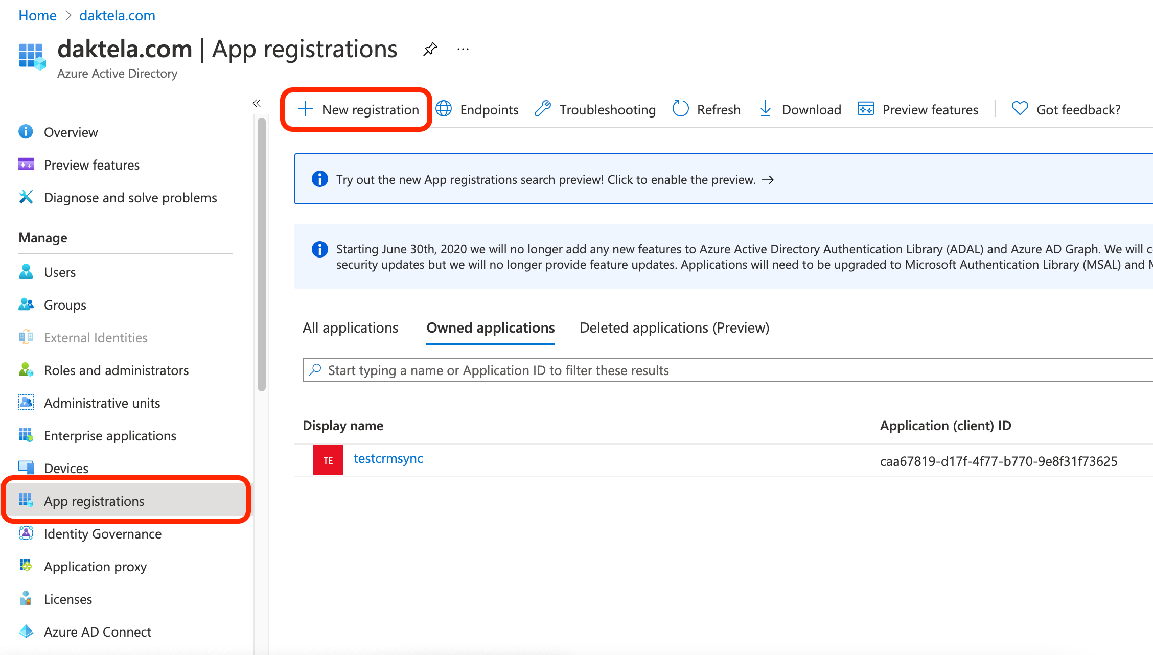 Bereich App registrations im Azure-Portal