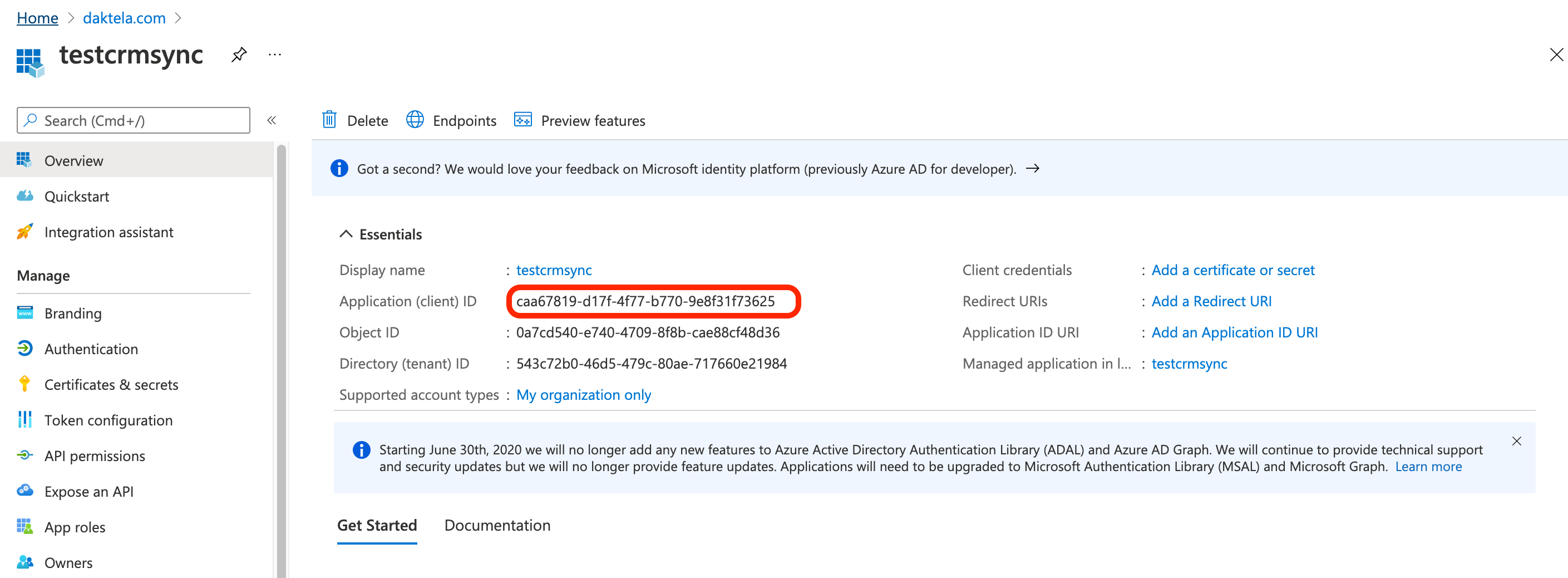 Ăśbersichtsseite mit der Application (client) ID