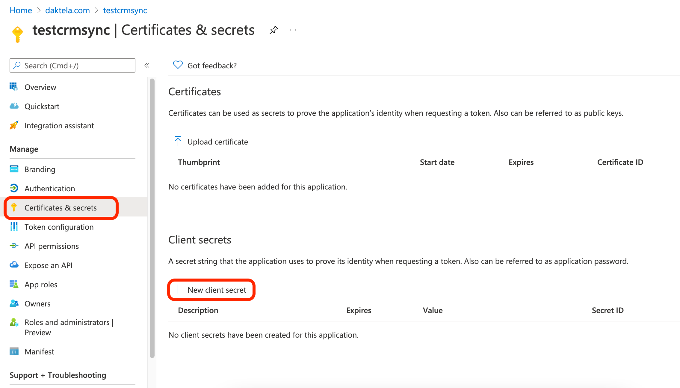 Bereich Certificates & secrets mit der Option New client secret
