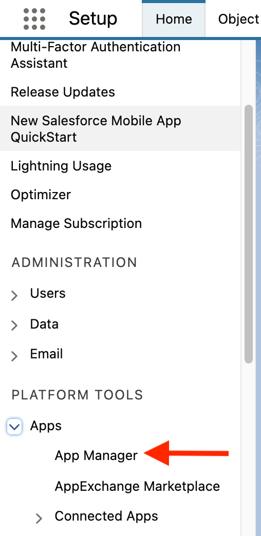 Setup-Seitenleiste mit hervorgehobenem App Manager