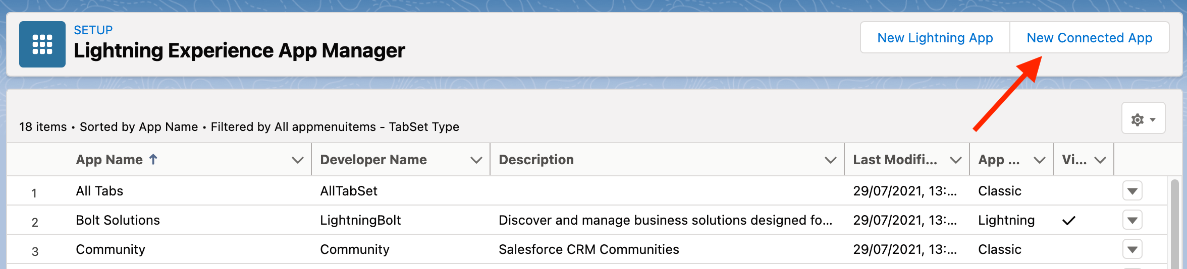 App Manager mit der Schaltfläche „New Connected App“