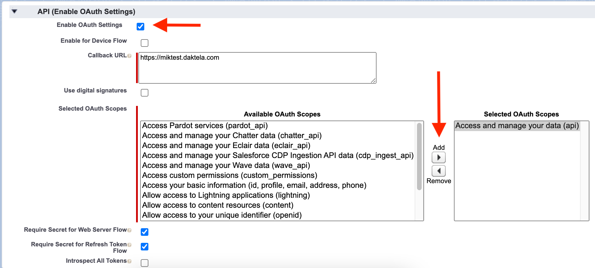 OAuth-Einstellungen mit Callback-URL und Scopes