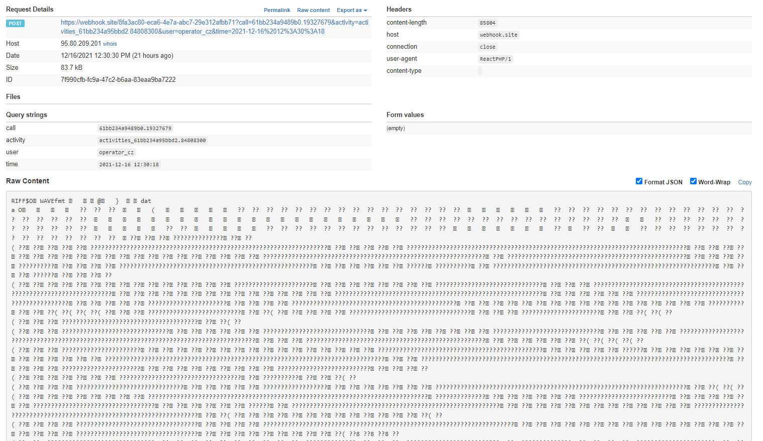 Webhook request with call query strings and raw WAV data