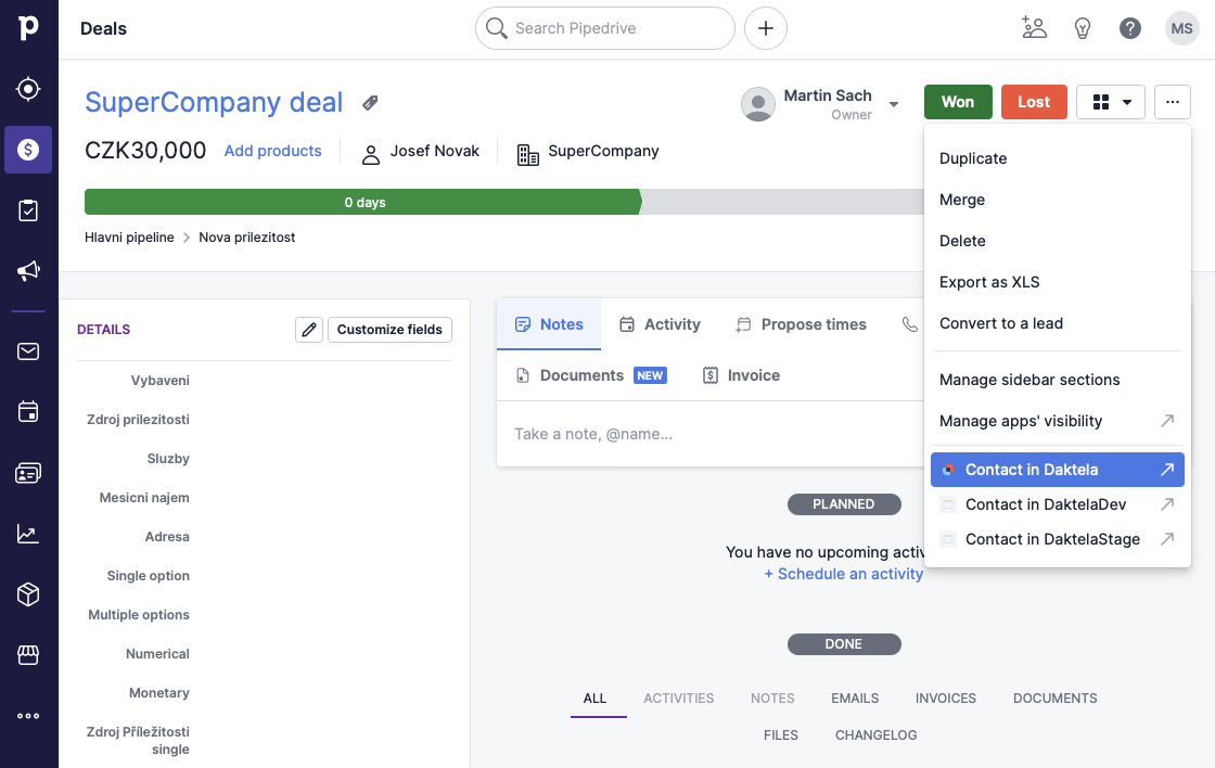 Pipedrive deal menu with Contact in Daktela option