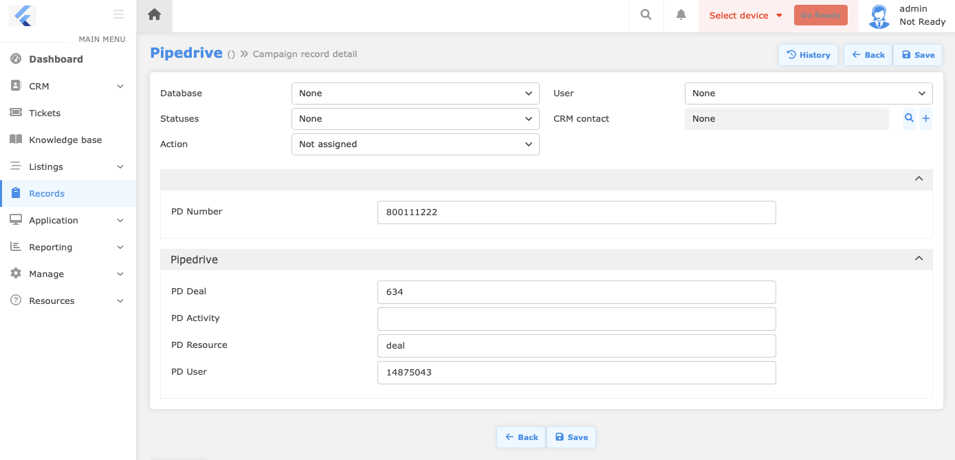 Daktela campaign record detail with Pipedrive fields
