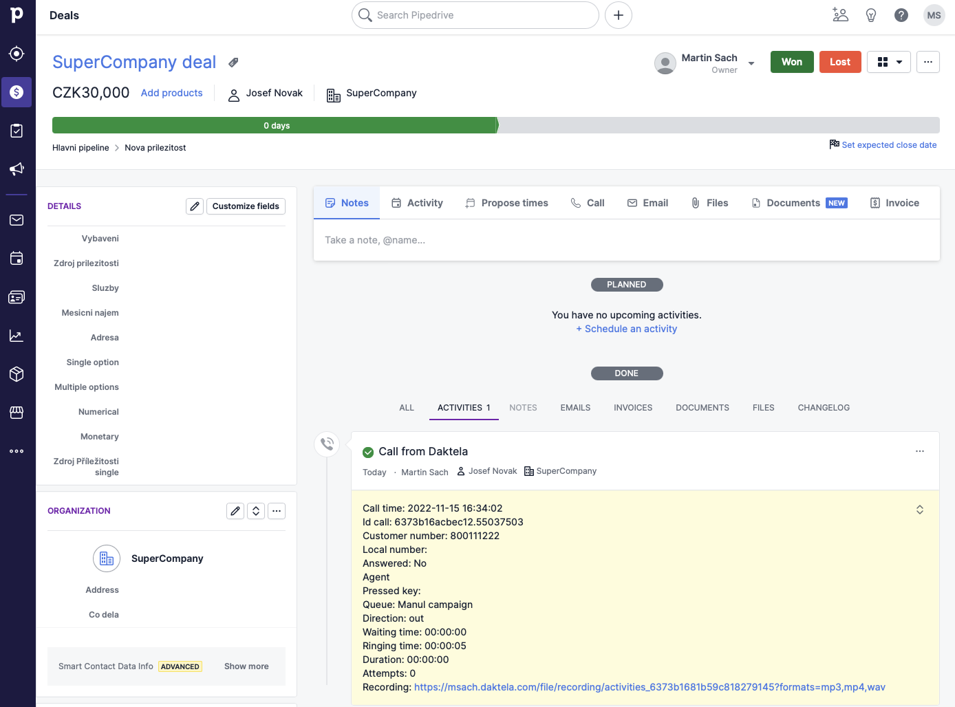 Pipedrive deal with Daktela call activity logged