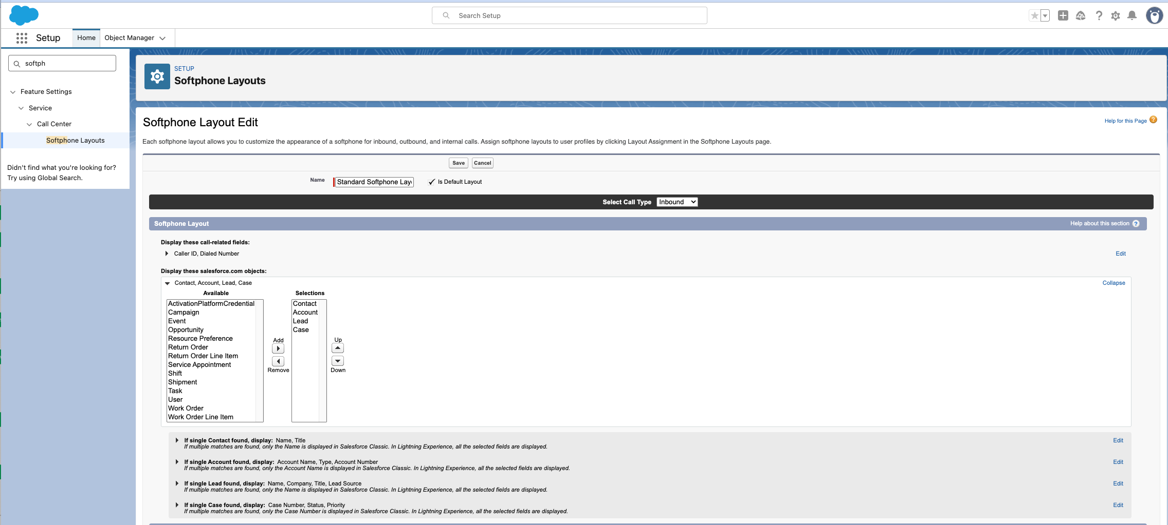 Softphone Layout Edit – zobrazené objekty salesforce.com