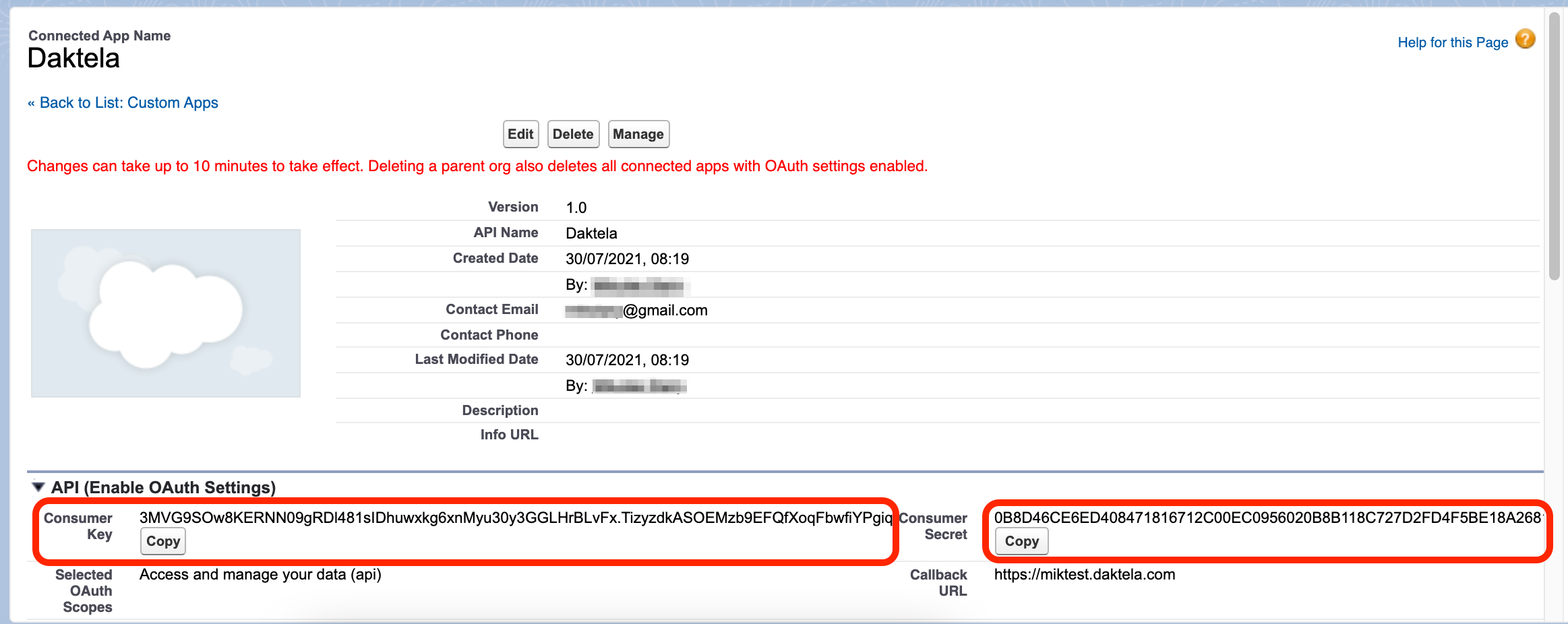 App details showing Consumer Key and Secret