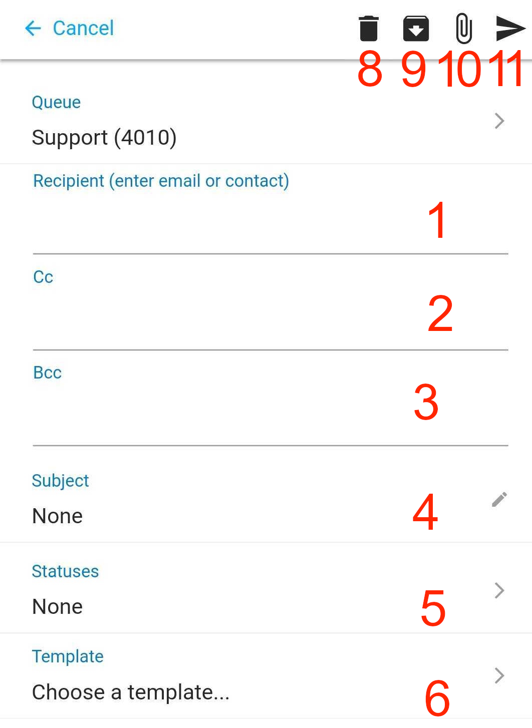 New email form with numbered fields