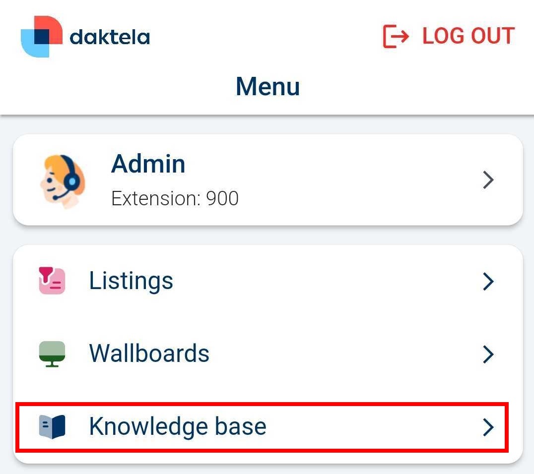 App menu with Knowledge base highlighted