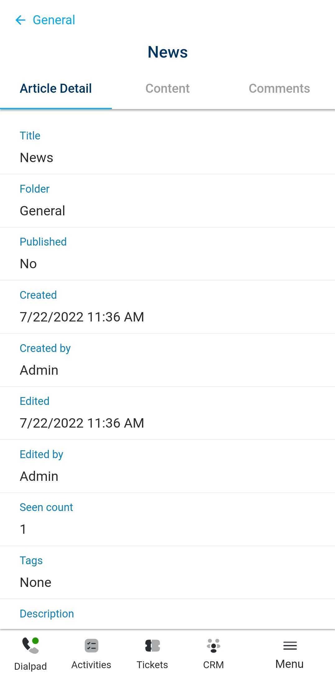 Knowledge base article detail view