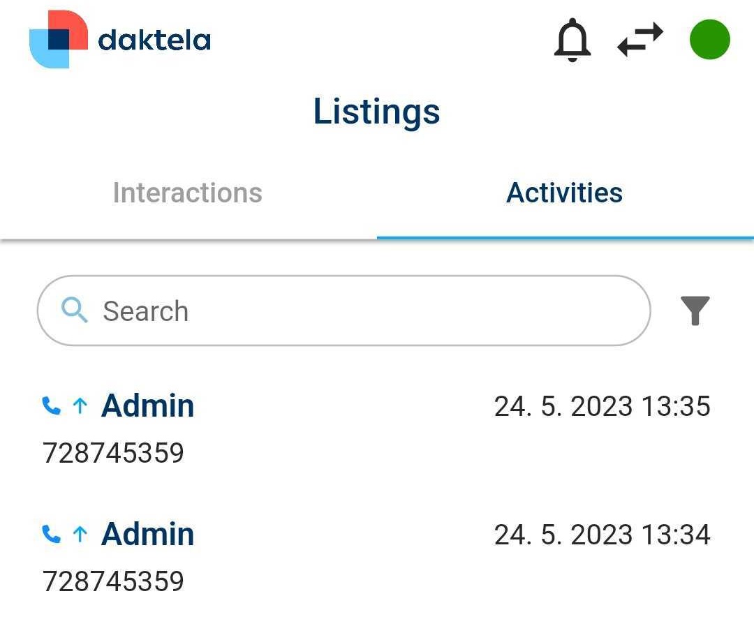 Activities tab with search and filter