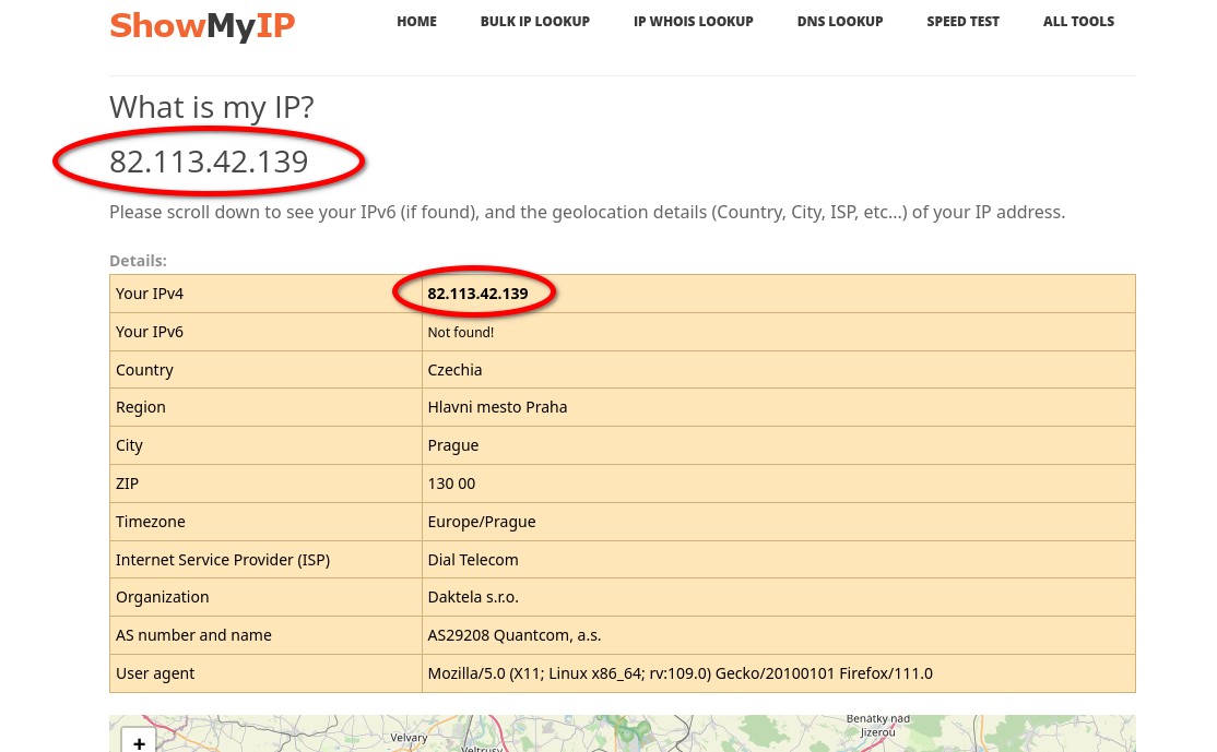 ShowMyIP website displaying public IP address