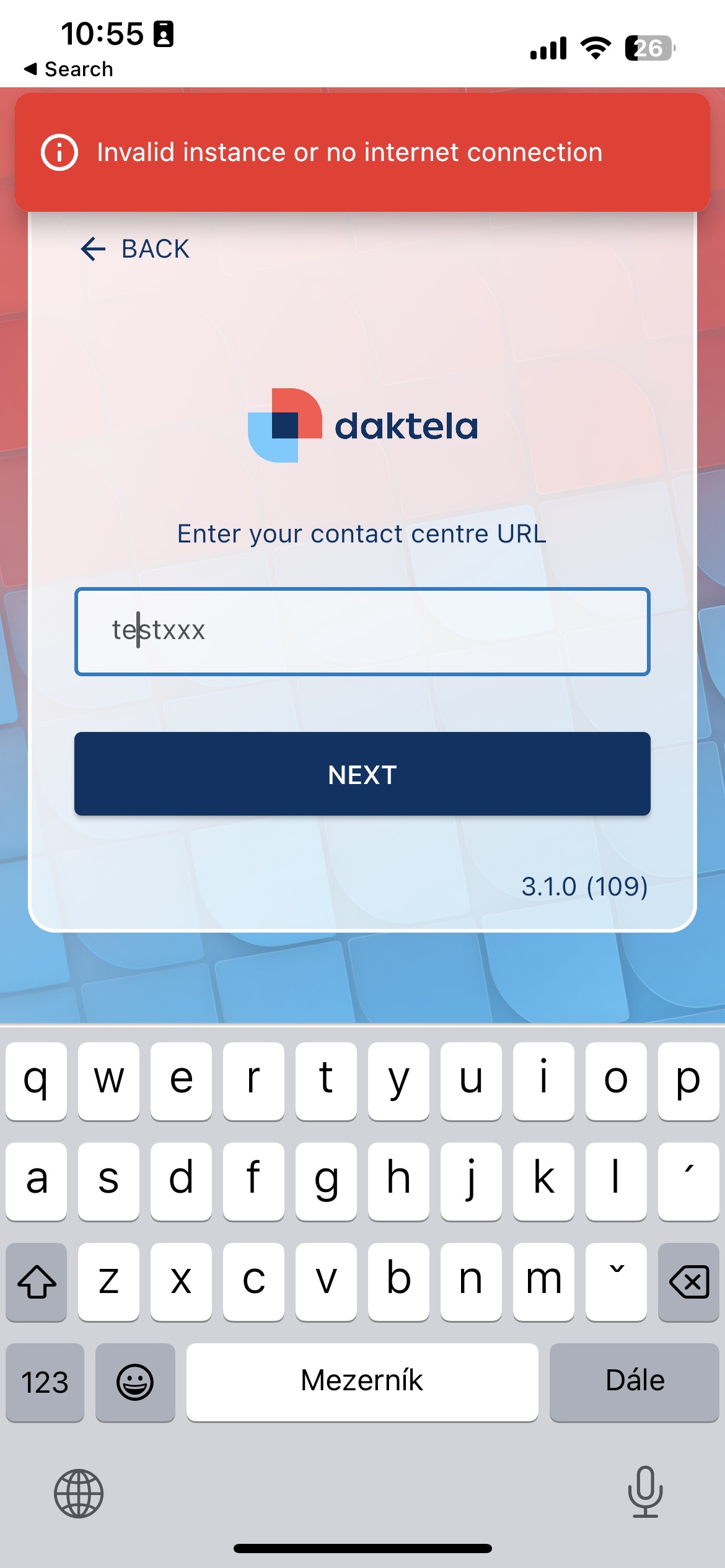 Mobile app showing invalid instance error